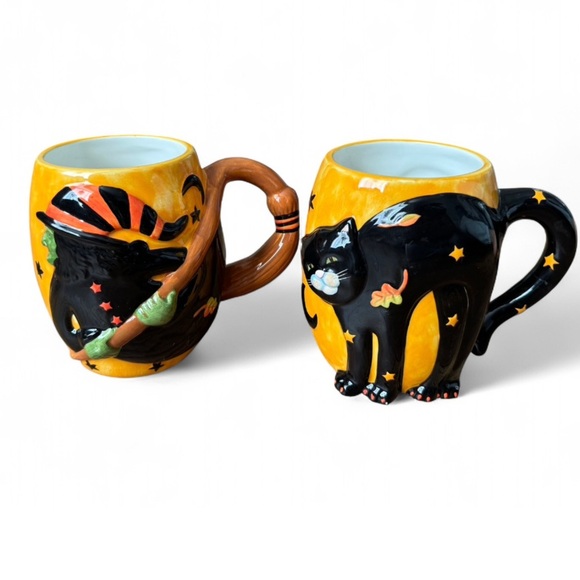 Other - Black Cat & Witch Ceramic Mugs set- Yellow and Black